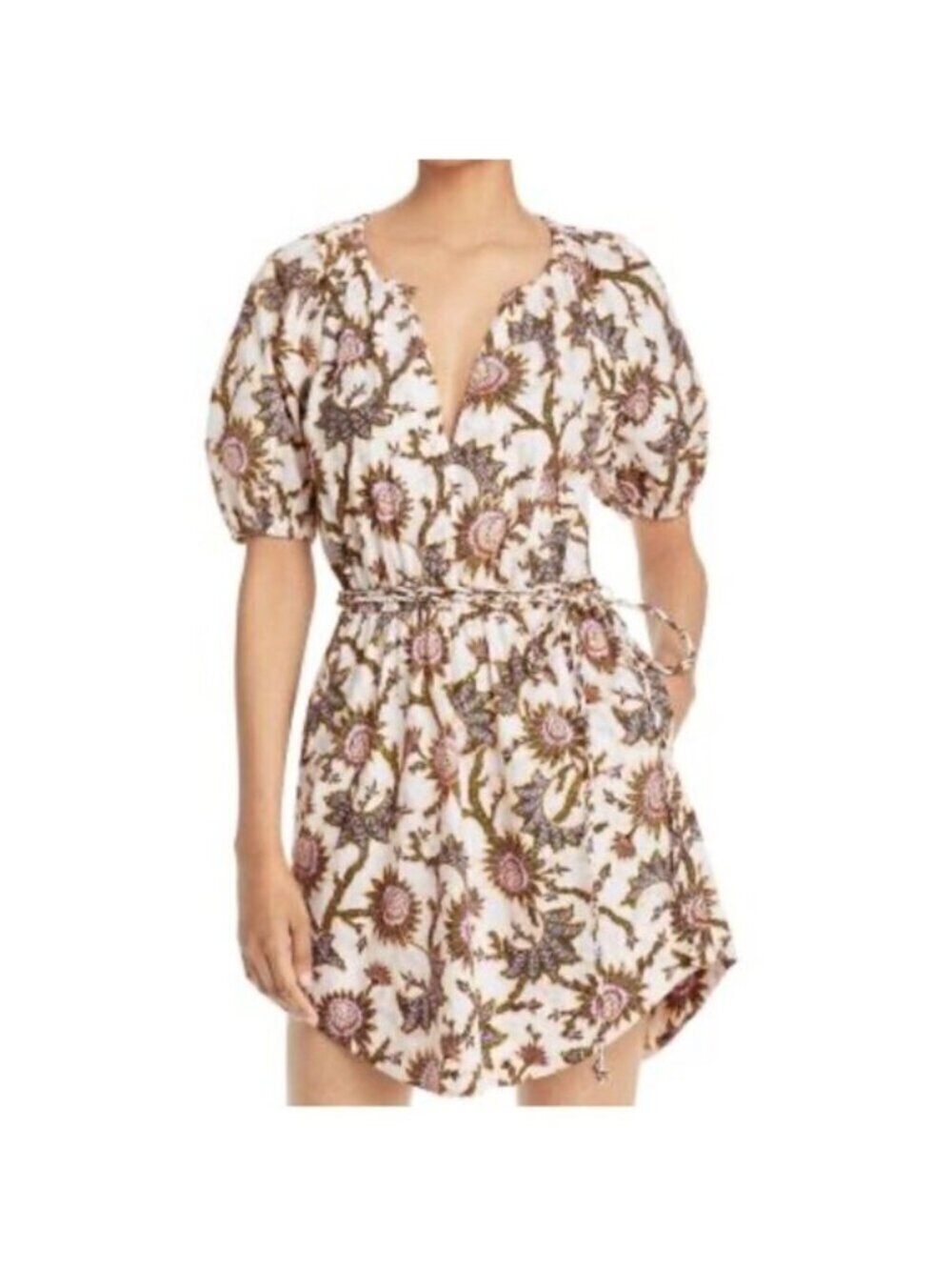 A.L.C Adelaide sunflower puff sleeves dress, cream/brown/pink, Size 0